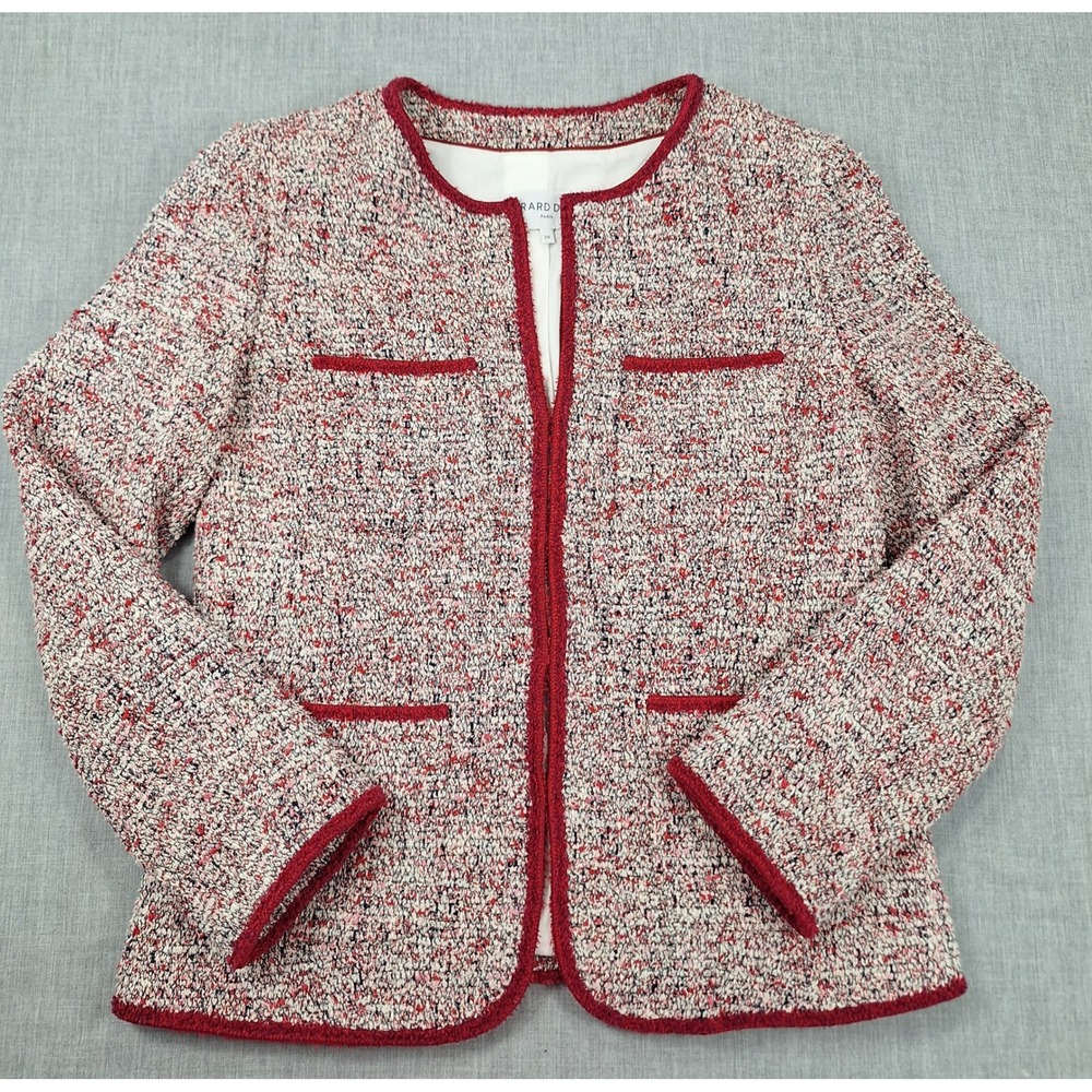 Gerard Darel Paris Womens Red White Tweed Collarless Open Front Jacket Size 38